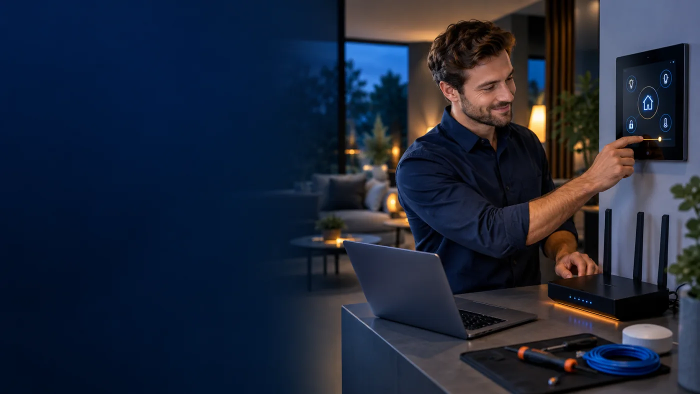 Techniker richtet Smart Home und Netzwerk ein
